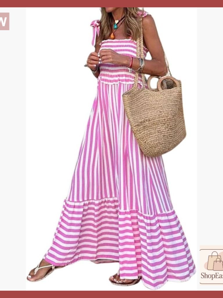 Boho Striped Smocked Maxi Dress Sexy Spaghetti Strap Ruffle Hem Flowy Swing